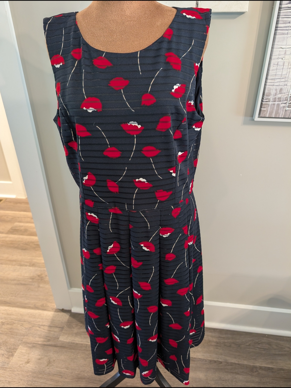 Tommy Hilfiger Navy Midi Dress with Red Floral Motif Size 12